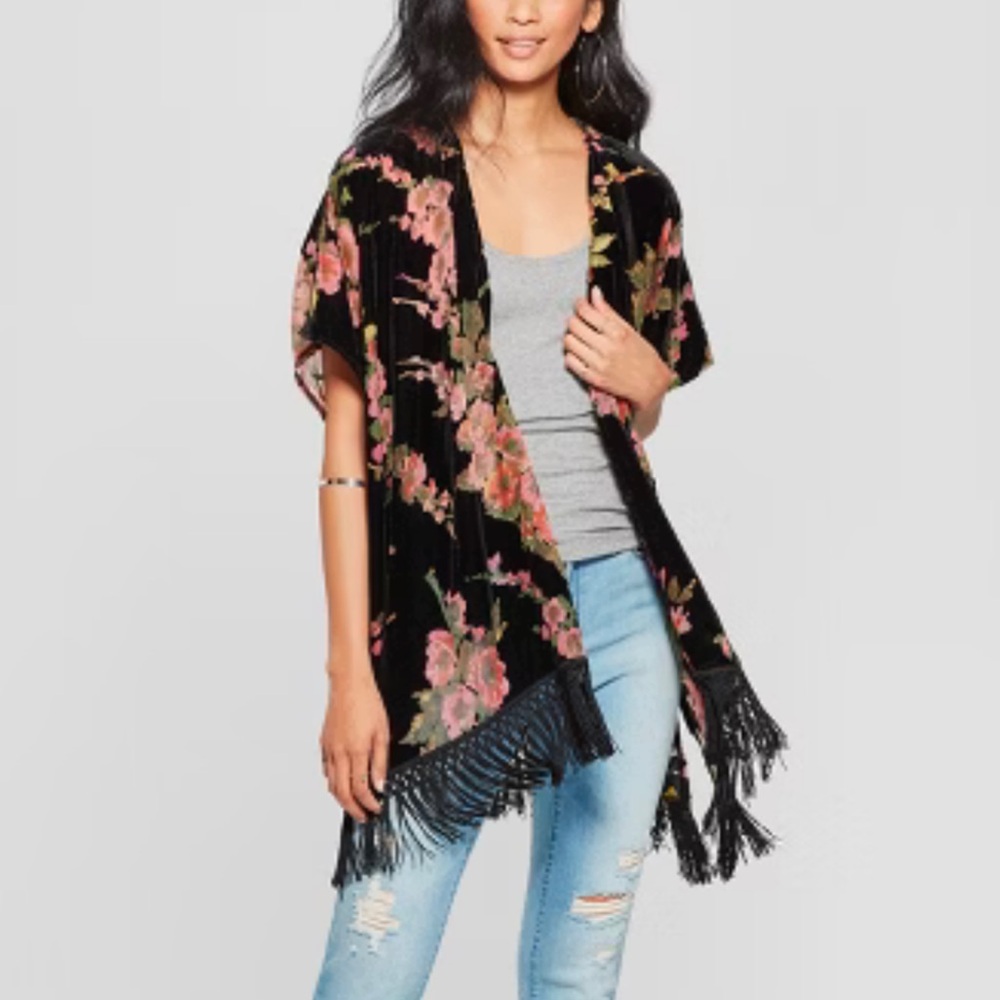 Xhilaration Crushed Velvet Fringed Kimono